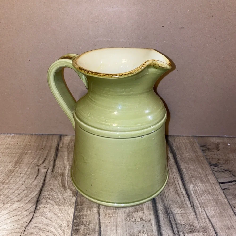 Made in Italy For Crate & Barrel Milk Jug Pitcher Green Yellow Glazed 32 Oz 6.5”